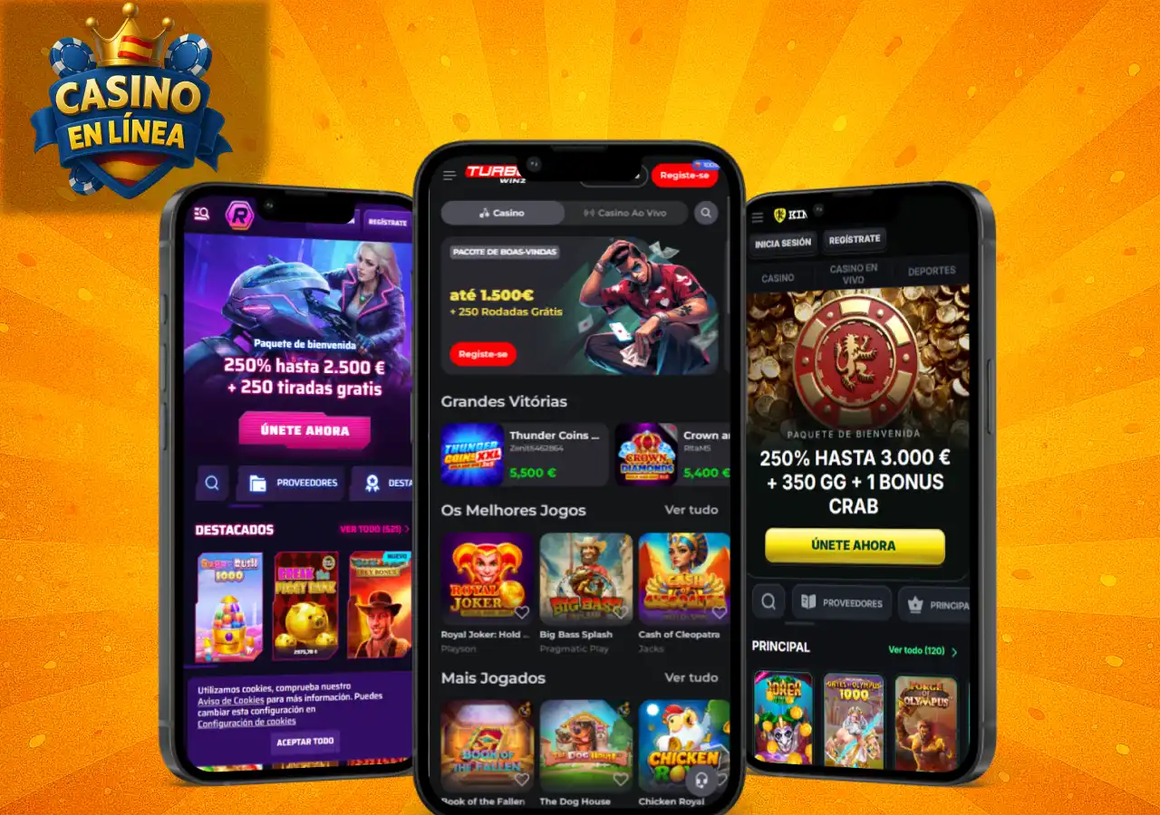 Tres teléfonos mostrando diferentes plataformas de casino con bonos de bienvenida y juegos populares