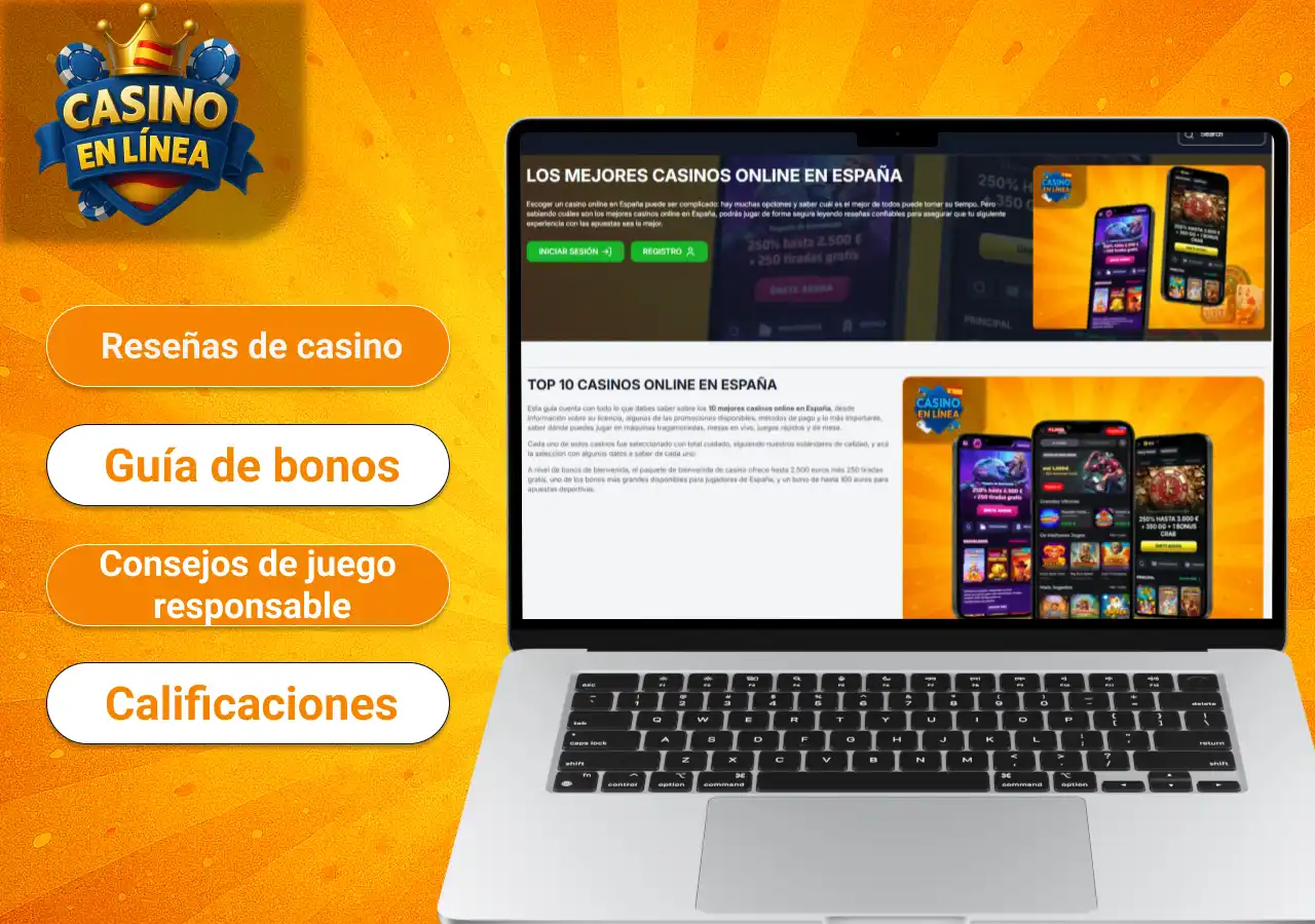 Portátil mostrando la guía de mejores casinos junto a botones laterales de reseñas, bonos y juego responsable