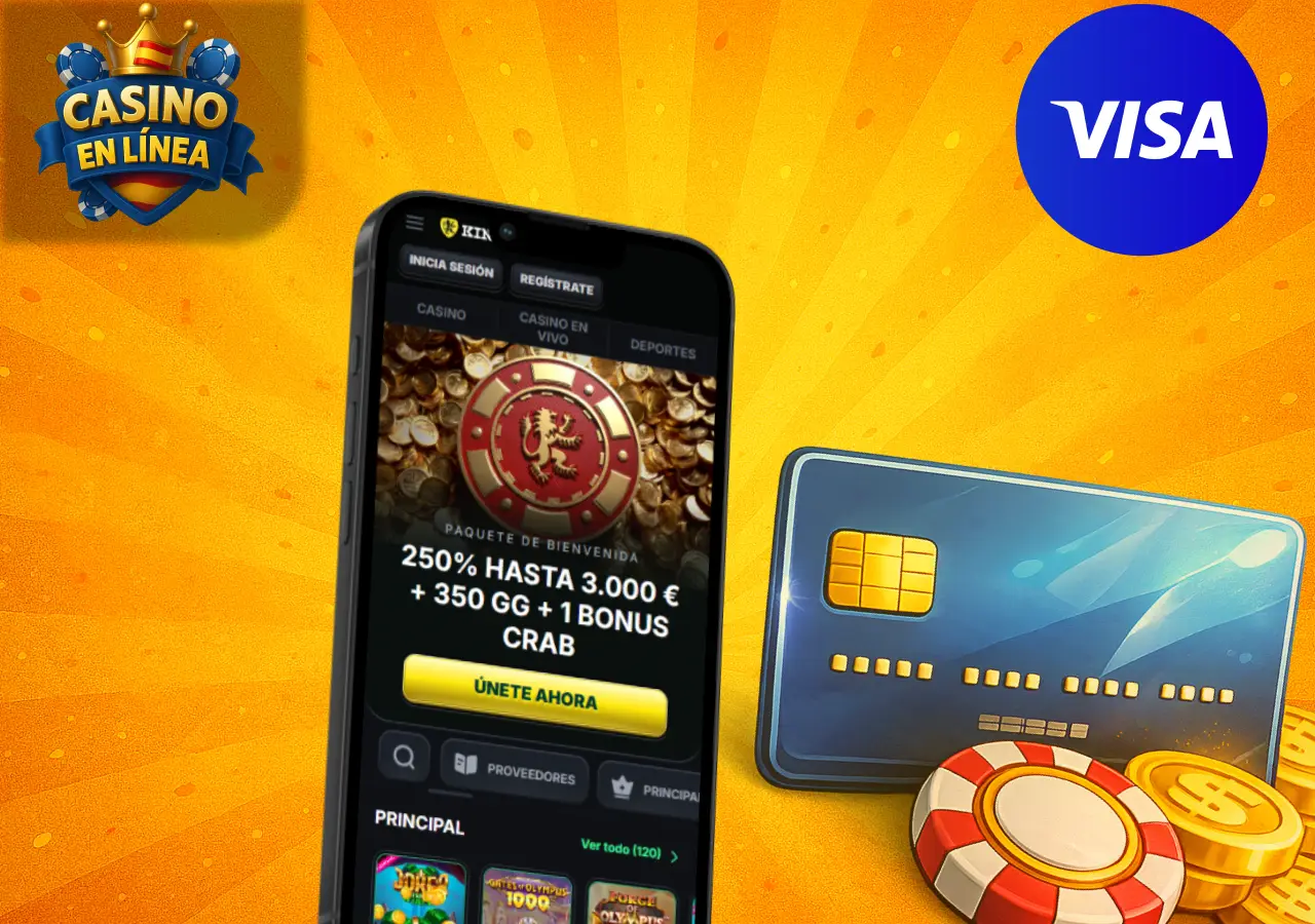 Casinos online con Visa en España mostrados en móvil con tarjeta y fichas