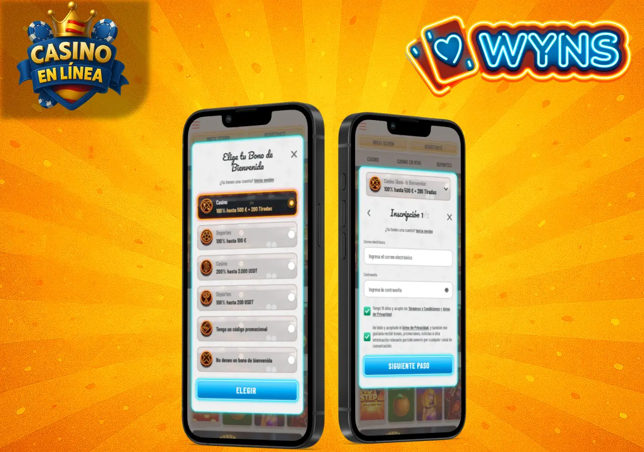 Registro en Wyns Casino con formulario y selección de bono en móvil